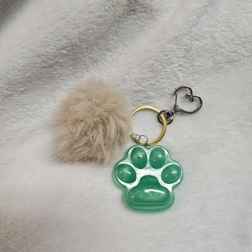 Handmade Beautiful Beacon Resin Green Paw with Tan Fluff Purse Charm Key Chain